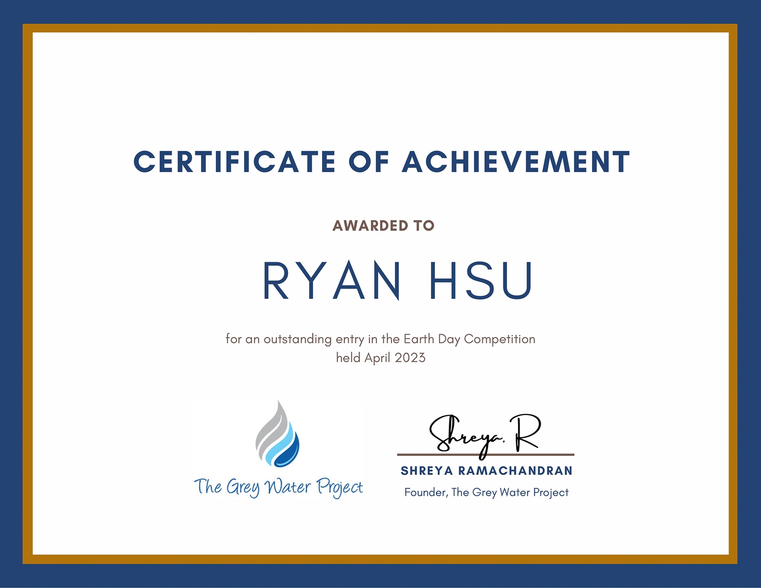 Earth Day Participation Award certificate